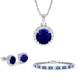 Eternity Sapphire Platinum plated Silver Jewelry Set with Pendant